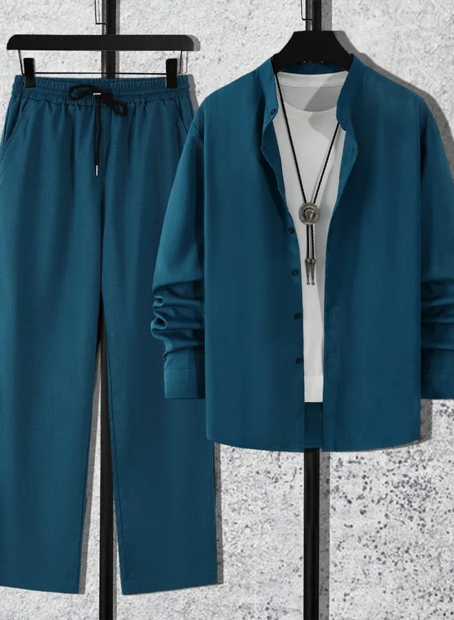 تايك تو طقم رجالي أزرق بترولي من - قميص ياقة قائمة وبنطال