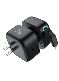 Usams Retractable Charger for iPhone, 35W PD Fast Charger Block with Retractable Cable (31.5 inch) and Type C Ports, Portable Charger Adapter for iPhone 14/13 Pro Max/iPad/AirPods (Black)  - Image 1