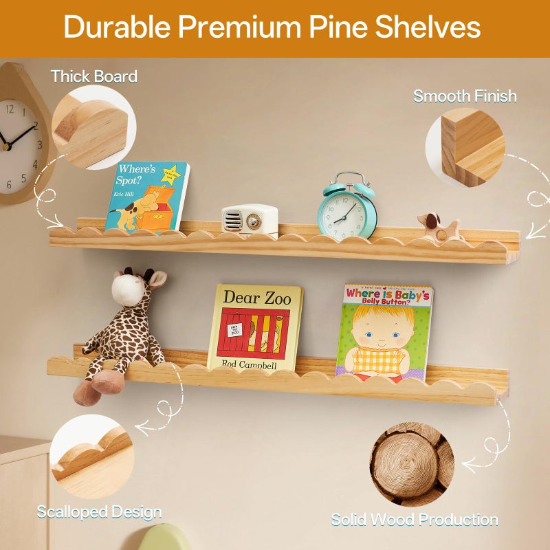 Conamily Nursery Book Shelves, Scalloped Floating Shelves Set of 2 Solid Pine Wood Wall Mounted Bookshelf with Wave Lip for Bedroom Kids, Toddler Room, Baby Room 24inch Natural - Image 4
