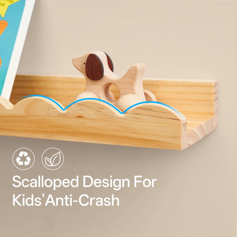 Conamily Nursery Book Shelves, Scalloped Floating Shelves Set of 2 Solid Pine Wood Wall Mounted Bookshelf with Wave Lip for Bedroom Kids, Toddler Room, Baby Room 24inch Natural - Image 5
