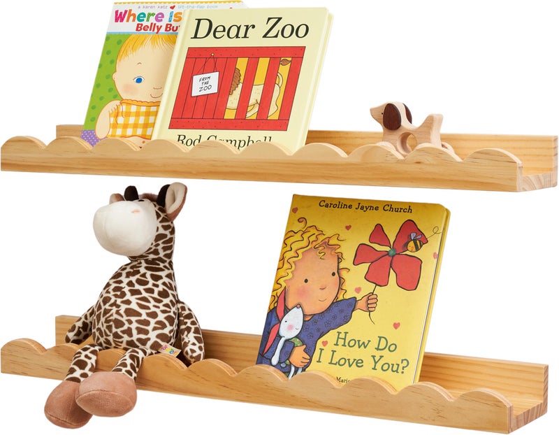 Conamily Nursery Book Shelves, Scalloped Floating Shelves Set of 2 Solid Pine Wood Wall Mounted Bookshelf with Wave Lip for Bedroom Kids, Toddler Room, Baby Room 24inch Natural - Image 1