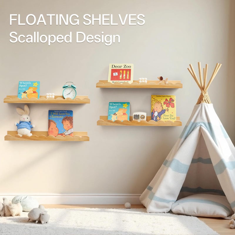 Conamily Nursery Book Shelves, Scalloped Floating Shelves Set of 2 Solid Pine Wood Wall Mounted Bookshelf with Wave Lip for Bedroom Kids, Toddler Room, Baby Room 24inch Natural - Image 3