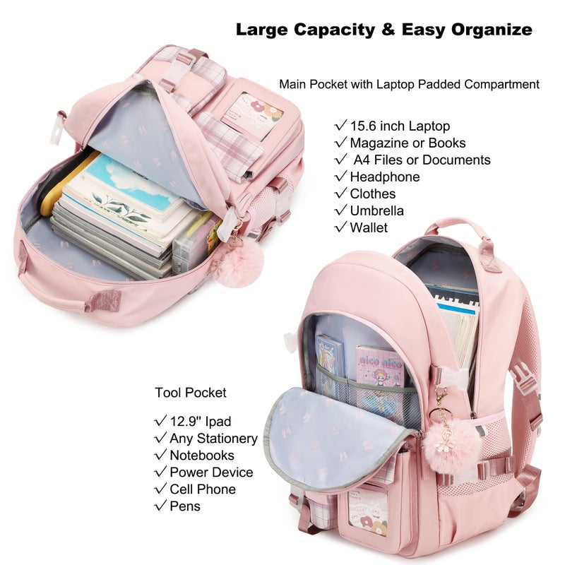 KIDNUO Backpack for Girls, 15.6 Inch Laptop School Bag Kids Kindergarten Elementary College Backpacks Large Bookbags for Teen Girls Women Students Casual Travel Daypacks (Pink) - Image 4