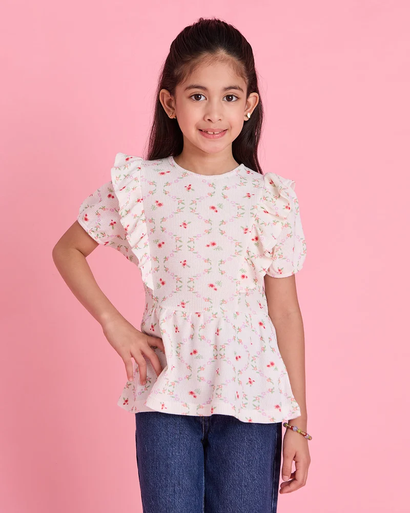 ردتاغ Girls White Printed Blouse