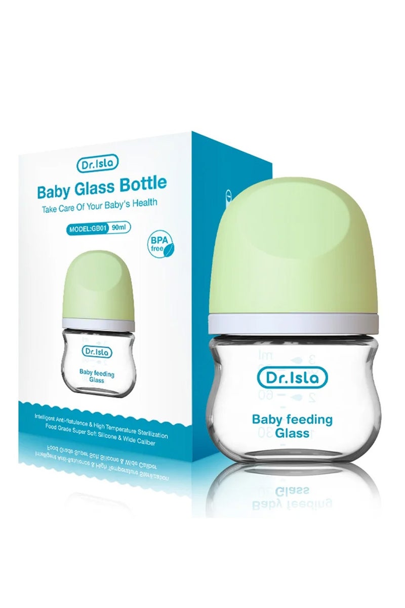 Dr.isla Anti-Choking Newborn Glass Baby Bottle – 90ml, Borosilicate Glass, Anti-Colic, BPA-Free, 0+ Months, Green - Image 1