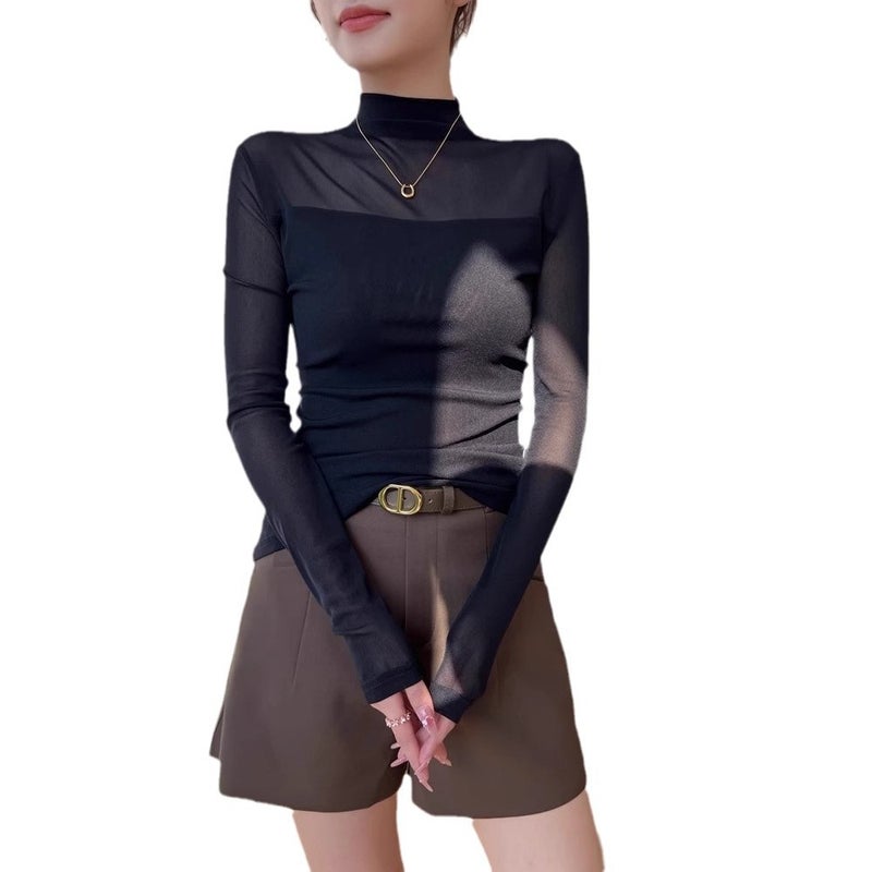 Velvet And Thickeneded Pure Color Half Turtleneck Bottoming Shirt For Winter, New Mesh Top For Women, Casual And Versatile T-Shirt Trbottomy - Image 3