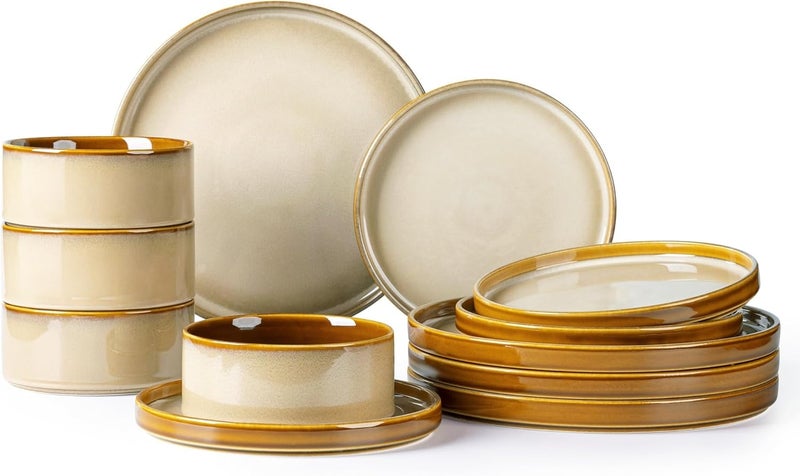 LERATIO طقم أدوات المائدة الخزفية LeRatio لـ 4 أشخاص - أطباق وأوعية خزفية دائرية بتزجيج تفاعلي - مقاومة للتشقق والرقائق - آمنة في غسالة الصحون والميكروويف - خدمة لـ 4 أشخاص - 12 قطعة - كاكي - Image 1