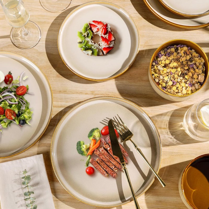 LERATIO طقم أدوات المائدة الخزفية LeRatio لـ 4 أشخاص - أطباق وأوعية خزفية دائرية بتزجيج تفاعلي - مقاومة للتشقق والرقائق - آمنة في غسالة الصحون والميكروويف - خدمة لـ 4 أشخاص - 12 قطعة - كاكي - Image 5