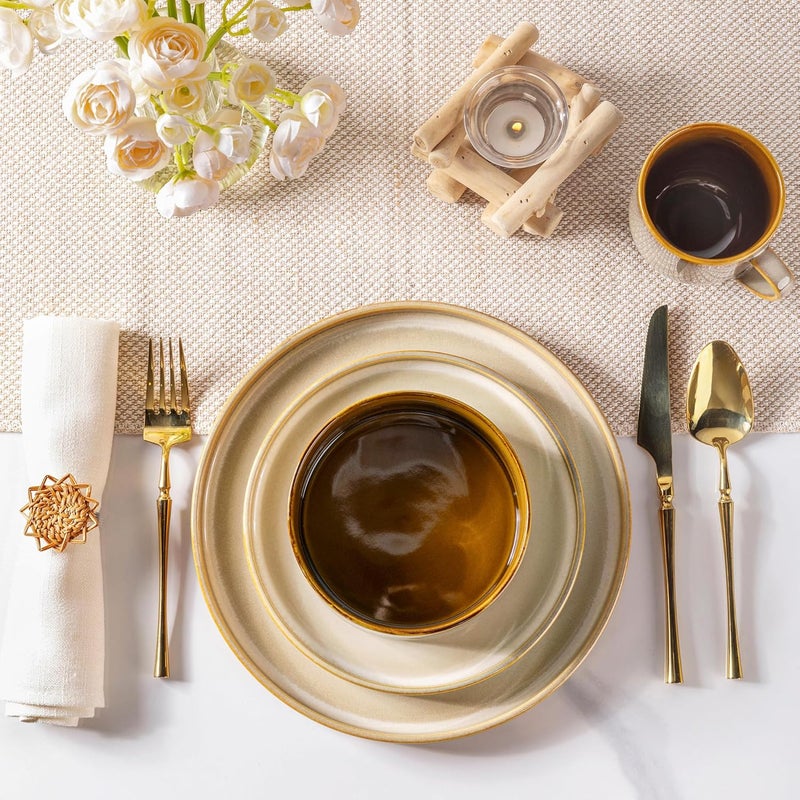 LERATIO طقم أدوات المائدة الخزفية LeRatio لـ 4 أشخاص - أطباق وأوعية خزفية دائرية بتزجيج تفاعلي - مقاومة للتشقق والرقائق - آمنة في غسالة الصحون والميكروويف - خدمة لـ 4 أشخاص - 12 قطعة - كاكي - Image 4