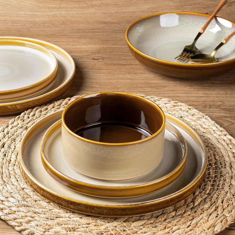 LERATIO طقم أدوات المائدة الخزفية LeRatio لـ 4 أشخاص - أطباق وأوعية خزفية دائرية بتزجيج تفاعلي - مقاومة للتشقق والرقائق - آمنة في غسالة الصحون والميكروويف - خدمة لـ 4 أشخاص - 12 قطعة - كاكي - Image 3