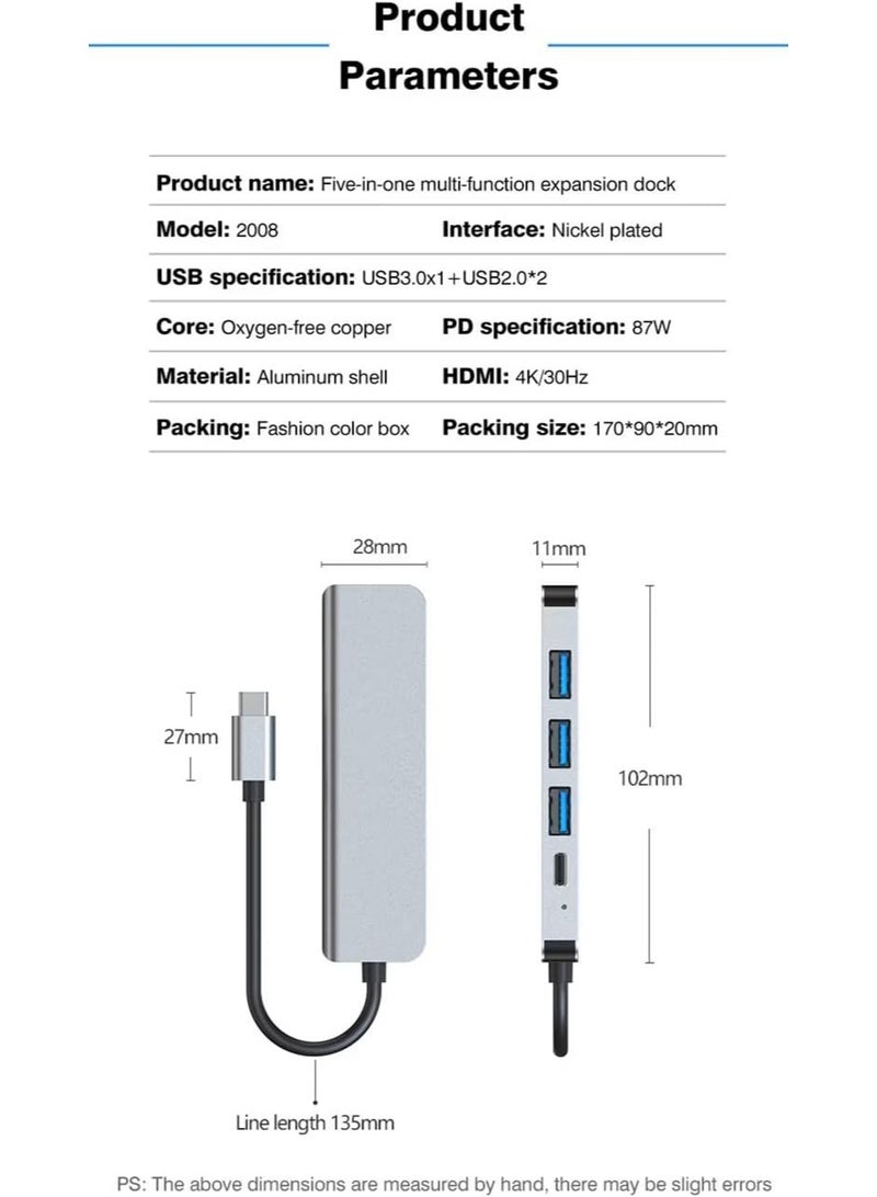 5-in-1 USB C Hub with 4K HDMI, 55W PD Fast Charging, 1 USB 3.0 Port, and 2 USB 2.0 Ports – Multi-Port Type-C Hub Compatible with All Devices - Image 3
