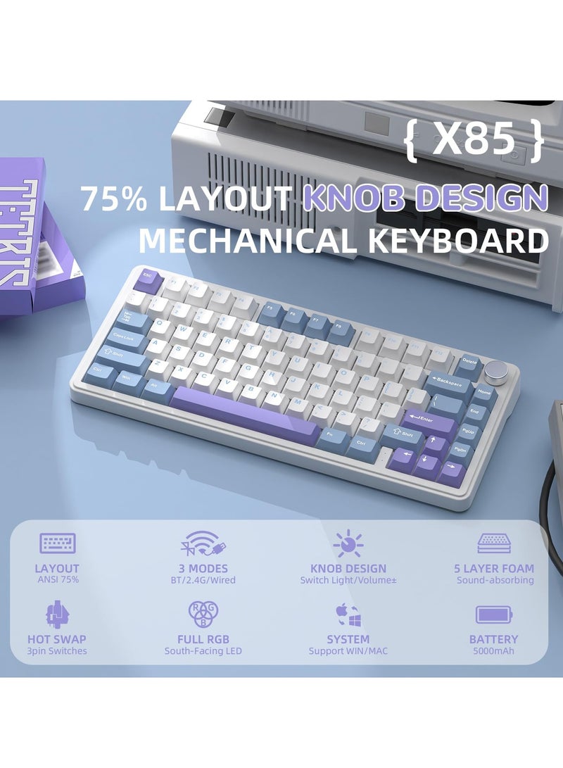 هجوم القرش لوحة مفاتيح ميكانيكية ثلاثية الوضعيات X85 مع مفاتيح قابلة للتبديل، زر CNC، ووسادة من 5 طبقات، إضاءة خلفية RGB - Image 2