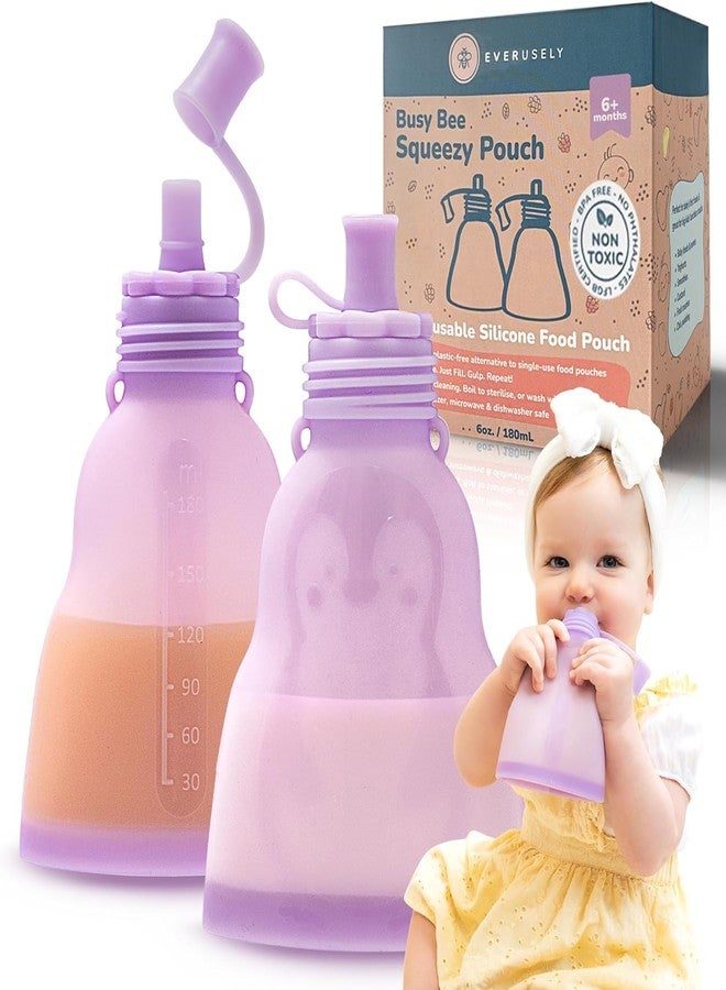 Everusely Reusable Baby Food Pouches for Toddlers - 2 Pack, 6 oz/180 ml, Lavender - Squeezable Silicone Food Pouch - Refillable, Leakproof, Spill Proof Puree Containers - BPA Free - Dishwasher Safe - Image 1