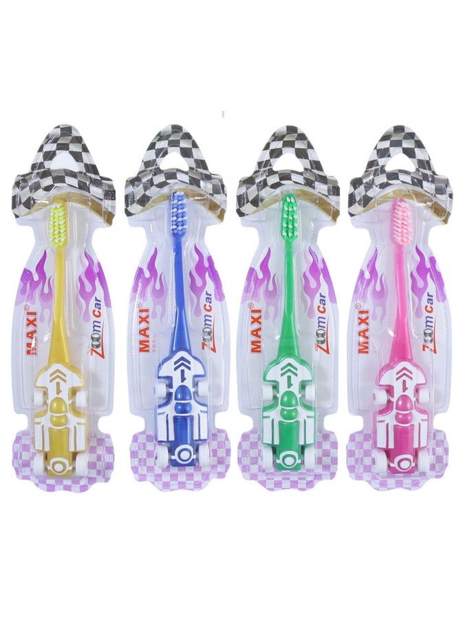 Maxi فرشاة أسنان ناعمة للأطفال والسيارات زووم خالية من مادة BPA للأطفال من الأولاد والبنات فرشاة للأطفال بعمر 2+ سنوات تصميم مقبض على شكل سيارة رياضية متعددة الألوان (عبوة من 4) - Image 4