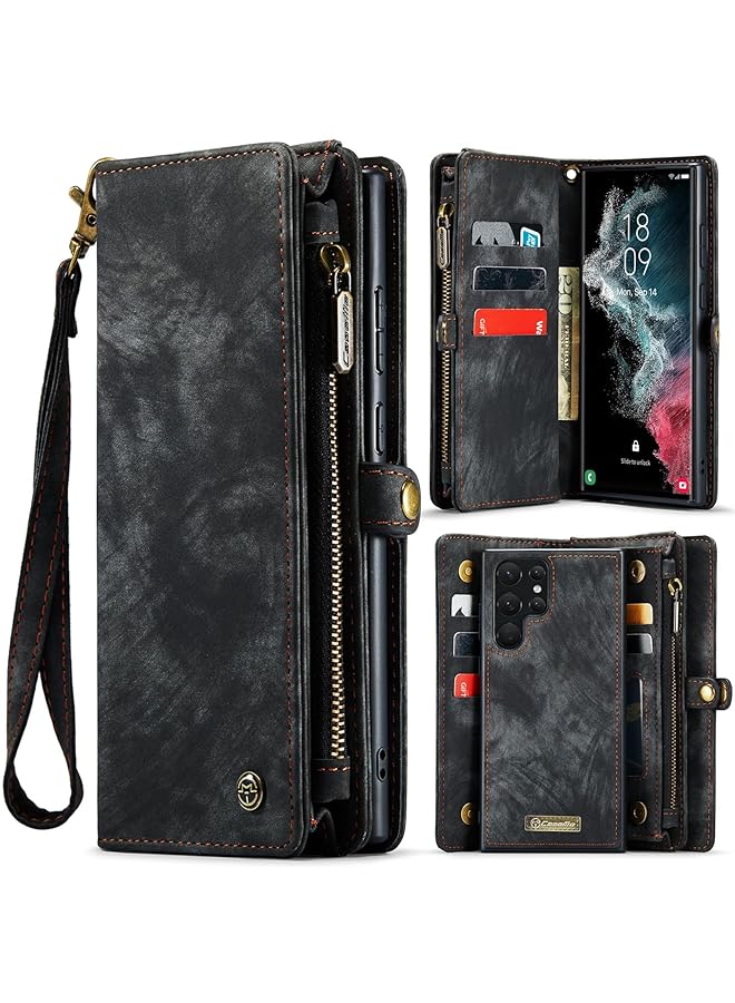 Excefore Galaxy S22 Ultra Wallet Case Pu Leather Magnetic Flip Lanyard Strap Zipper Card Holder 360 Full Body Protective Cover For Samsung Galaxy S22 Ultra - Image 1