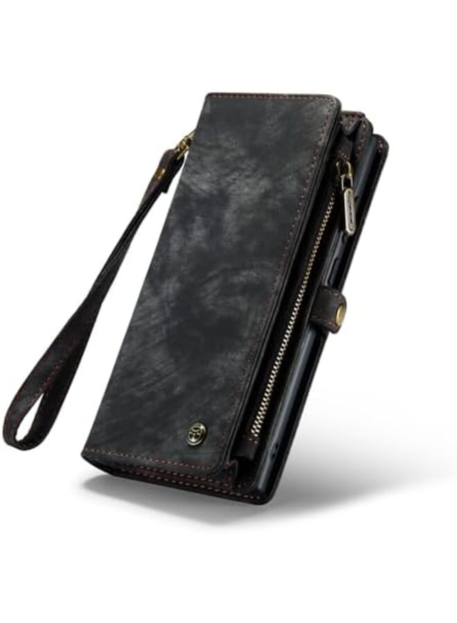 Excefore Galaxy S22 Ultra Wallet Case Pu Leather Magnetic Flip Lanyard Strap Zipper Card Holder 360 Full Body Protective Cover For Samsung Galaxy S22 Ultra - Image 2