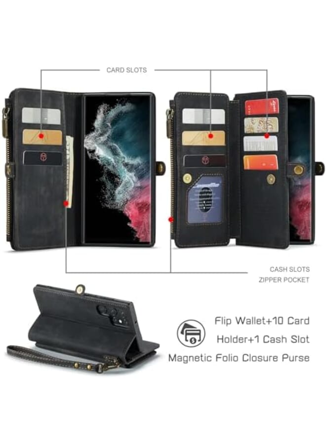 Excefore Galaxy S22 Ultra Wallet Case Pu Leather Magnetic Flip Lanyard Strap Zipper Card Holder 360 Full Body Protective Cover For Samsung Galaxy S22 Ultra - Image 4