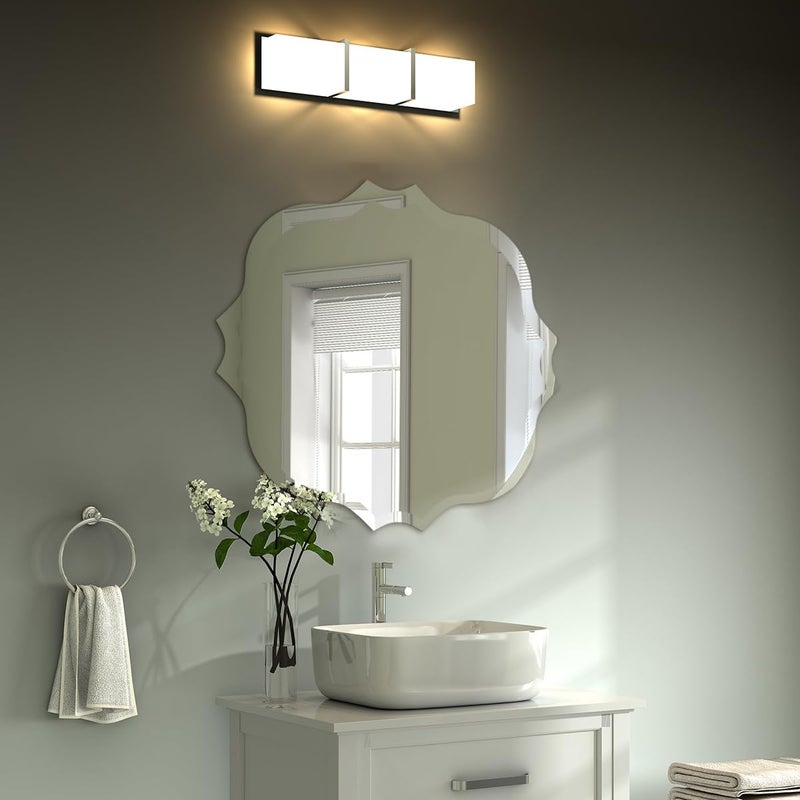 KOHROS Silver Beveled Edge Frameless Vanity Mirror for Wall 24 Square with Scalloped Wall Mirror Bathroom Mirrors for Over Sink AntiRust Tempered Glass Hangs Horizontally or Vertically