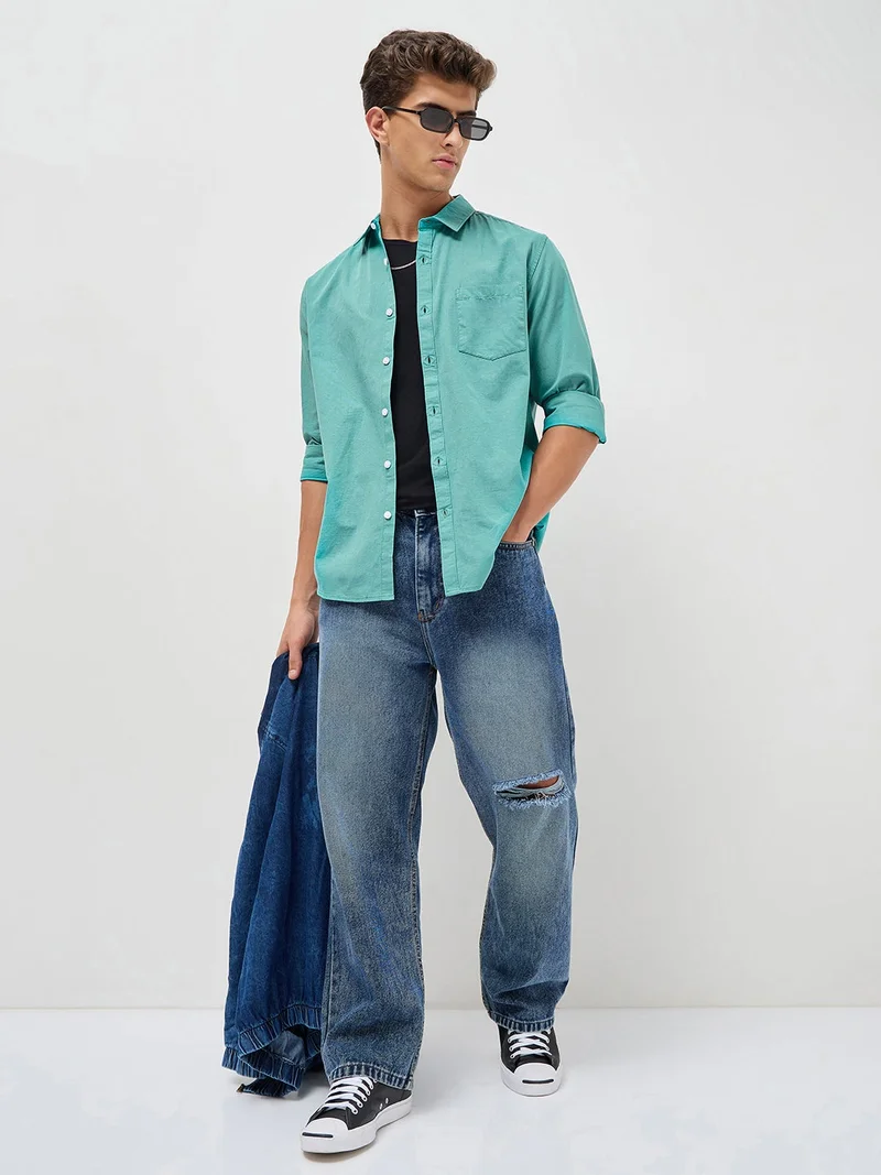 Urbano Fashion  Urbano Fashion Men's Light Teal Cotton Full Sleeve Regular Fit Casual Solid Slub Shirt with Spread Collar  | Best Price UAE