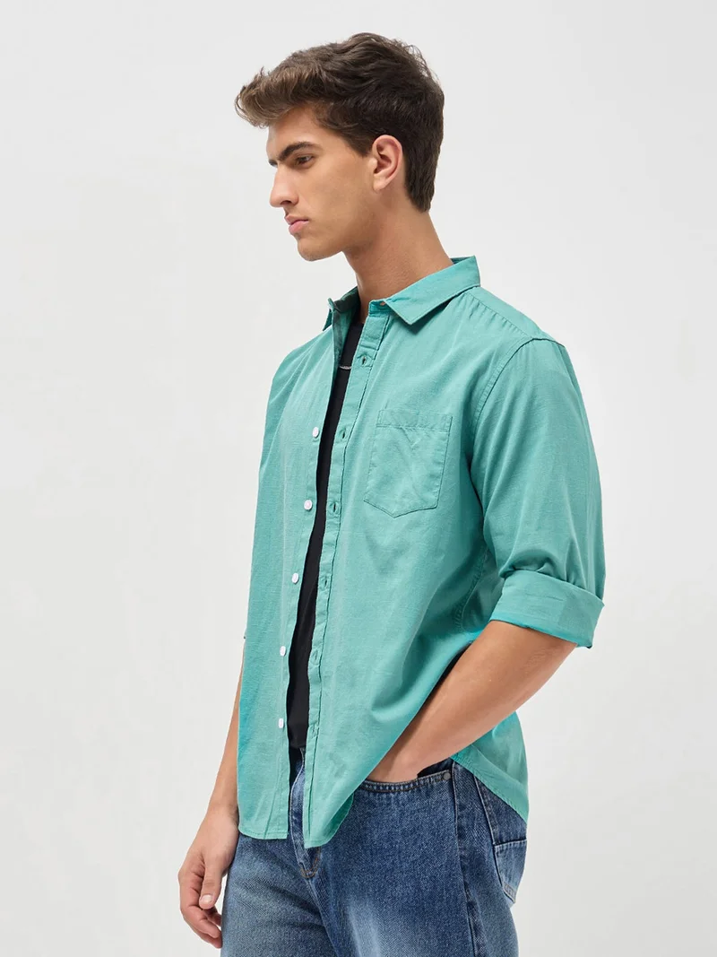 Urbano Fashion  Urbano Fashion Men's Light Teal Cotton Full Sleeve Regular Fit Casual Solid Slub Shirt with Spread Collar  | Best Price UAE