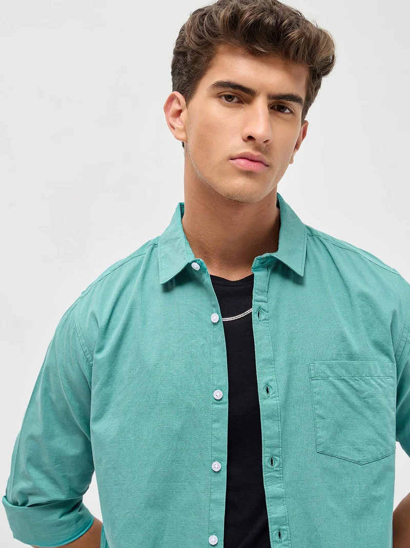 Urbano Fashion Men's Light Teal Cotton Full Sleeve Regular Fit Casual Solid Slub Shirt with Spread Collar