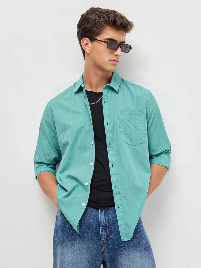 Urbano Fashion  Urbano Fashion Men's Light Teal Cotton Full Sleeve Regular Fit Casual Solid Slub Shirt with Spread Collar  | Best Price UAE