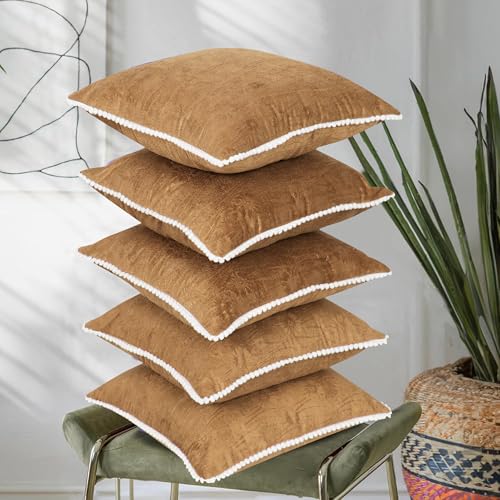 RD TREND® Premium Velvet Cushion Covers Set of 5 | All-Side Pom Pom Tassel Fringe with Floral Textured Design Cushion Covers 16x16 |Throw Pillowcases for Home Décor (Beige Gold) - Image 1