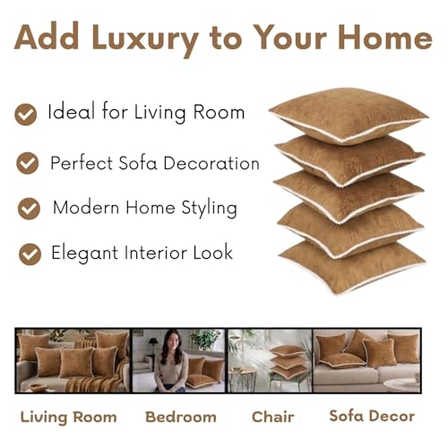 RD TREND® Premium Velvet Cushion Covers Set of 5 | All-Side Pom Pom Tassel Fringe with Floral Textured Design Cushion Covers 16x16 |Throw Pillowcases for Home Décor (Beige Gold) - Image 4