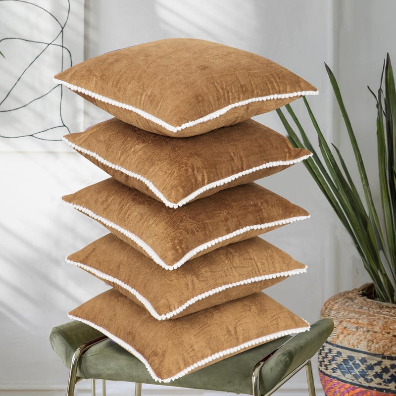 RD TREND® Premium Velvet Cushion Covers Set of 5 | All-Side Pom Pom Tassel Fringe with Floral Textured Design Cushion Covers 16x16 |Throw Pillowcases for Home Décor (Beige Gold) - Image 3