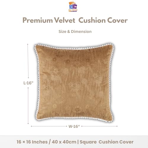 RD TREND® Premium Velvet Cushion Covers Set of 5 | All-Side Pom Pom Tassel Fringe with Floral Textured Design Cushion Covers 16x16 |Throw Pillowcases for Home Décor (Beige Gold) - Image 2