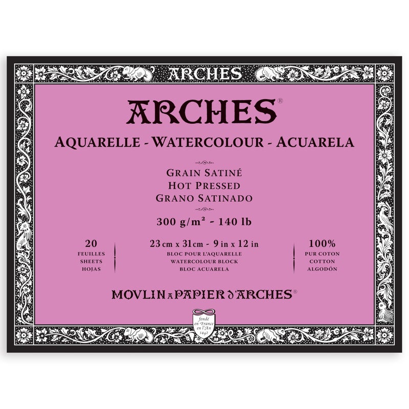 Arches Aquarelle Watercolor Block Hot Pressed 140lb300gsm 20 Sheet 9x12 inch Watercolor Paper 100 Cotton