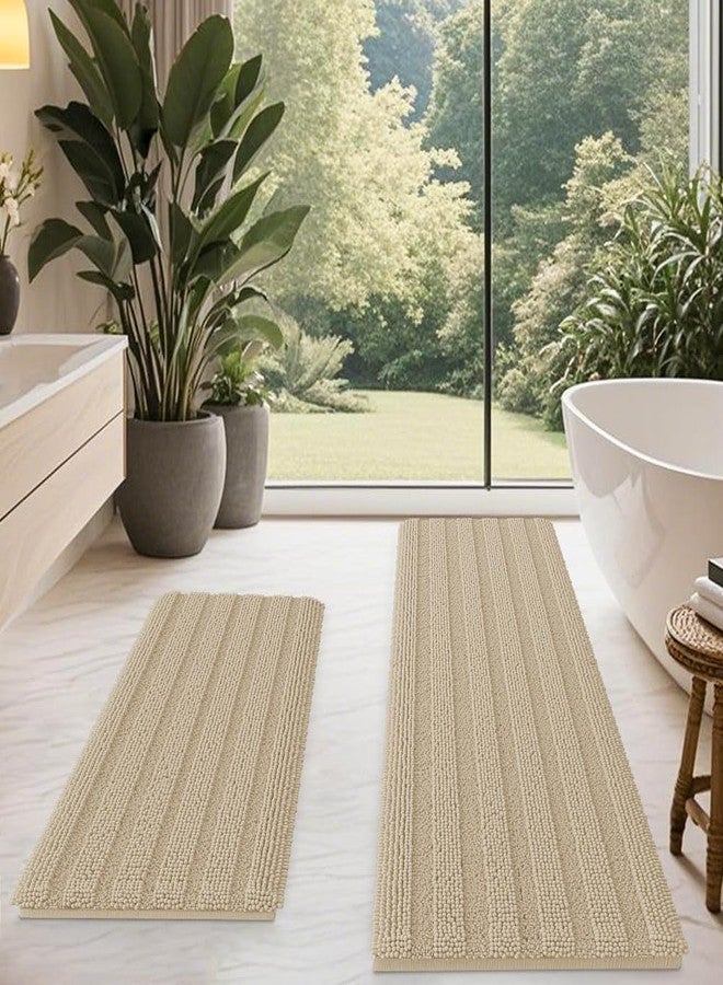ACCUMTEK Striped Beige Bathroom Rug Mat Set 2 piece 32"x20"+60"x20" Ultra Soft, Non Slip Chenille Bath Rugs, Absorbent Plush Shaggy Bath Mats for Bathroom, Bedroom, Kitchen, Shower, Tub - Image 1