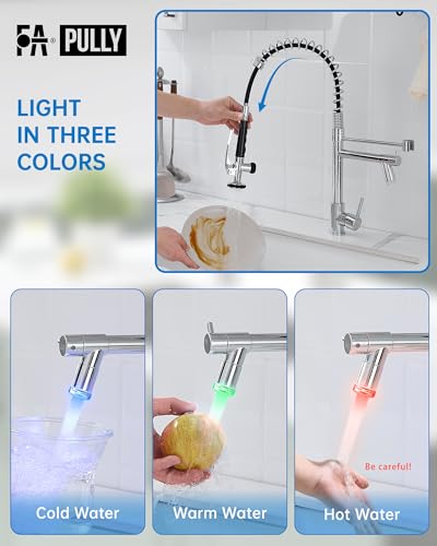 Fapully Kitchen Faucet with Pull Down Sprayer,Commercial Single Handle Kitchen Sink Faucet with LED Light Chrome - Image 3