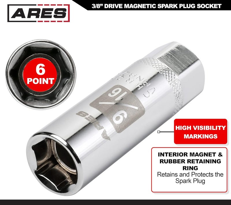ARES 11021-9/16-inch 3/8-inch Drive Magnetic Spark Plug Socket - Powerful Magnet Retains Spark Plugs - Heat Treated Chrome Vanadium Steel - High Visibility Markings - Image 2