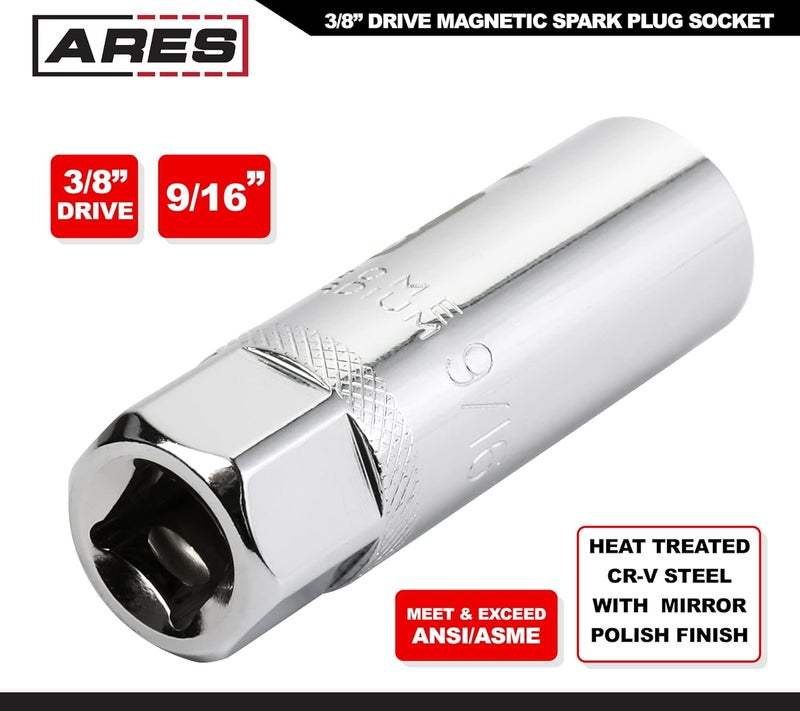 ARES 11021-9/16-inch 3/8-inch Drive Magnetic Spark Plug Socket - Powerful Magnet Retains Spark Plugs - Heat Treated Chrome Vanadium Steel - High Visibility Markings - Image 1