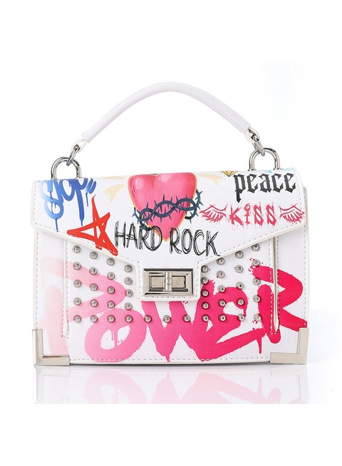 Printed Pattern Lock Closure Cross Body Bag - White, Fuchsia & Blue