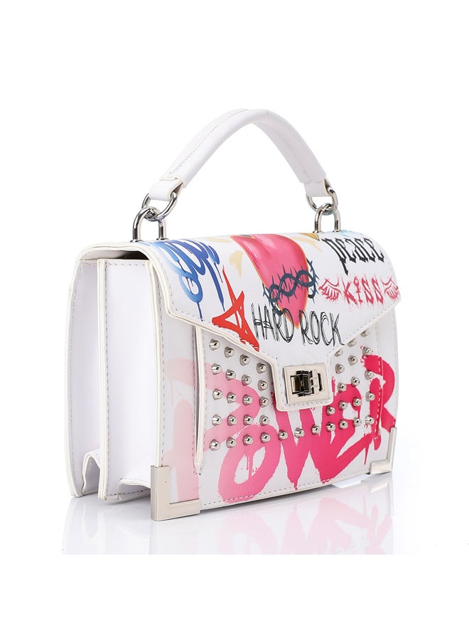 Printed Pattern Lock Closure Cross Body Bag - White, Fuchsia & Blue