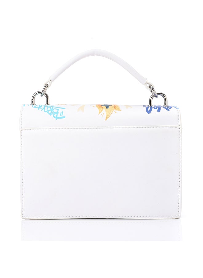 Printed Pattern Lock Closure Cross Body Bag - White, Fuchsia & Blue
