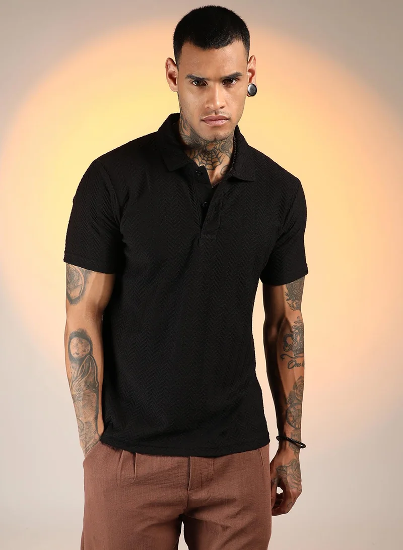 كامبوس سوترا Men's Onyx Black Chevron Polo T-Shirt For Casual Wear | Polo Neck | Short Sleeve | Half-Button Closure | T-Shirt Crafted With Comfort Fit For Everyday Wear