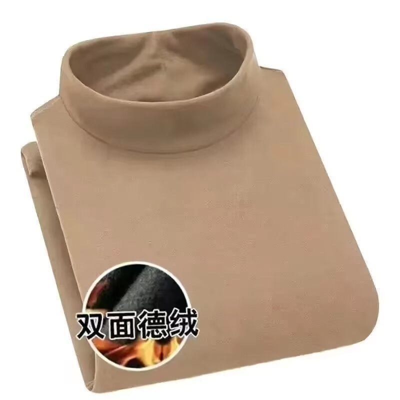 Mens Autumn and Winter Couples Fleece Semi-high Collar Solid Color Base Shirt Long-sleeved T-shirt Casual All-match Warm Round Neck Sweater Dark gray - Image 3