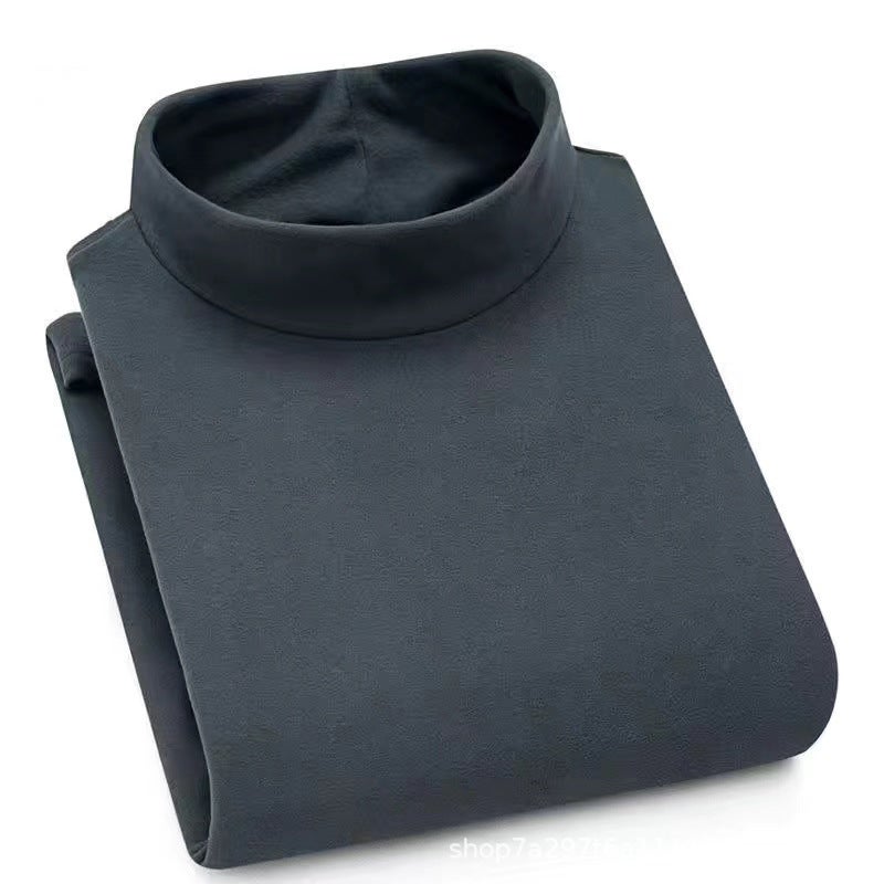Mens Autumn and Winter Couples Fleece Semi-high Collar Solid Color Base Shirt Long-sleeved T-shirt Casual All-match Warm Round Neck Sweater Dark gray - Image 1