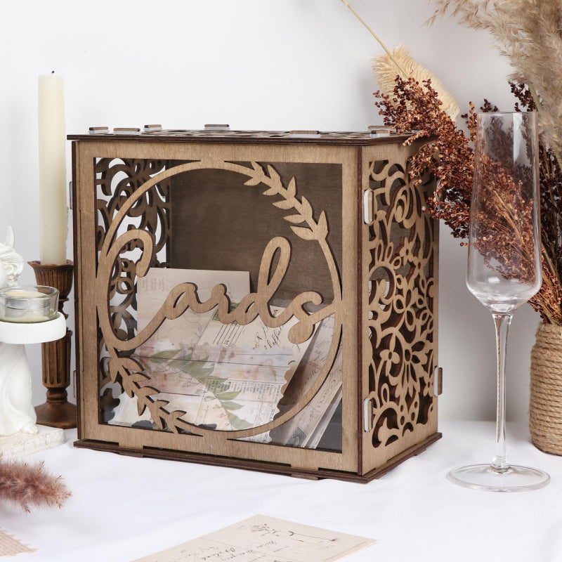OurWarm Wedding Card Box for Reception Wooden Wedding Card Boxes with Window Rustic Brown Envelope Money Gift Card Box for Baby Shower Birthday Graduation Party Decorations - Image 2