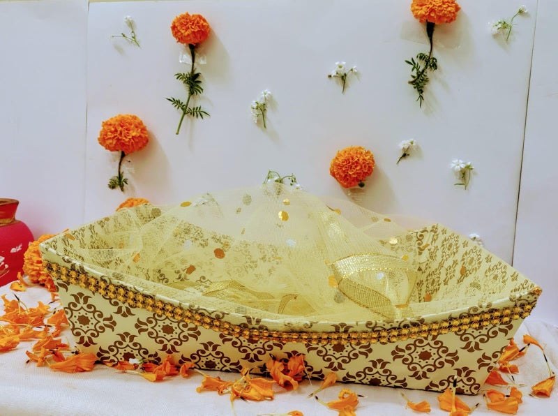 SCISSORS CRAFT | Beautiful Printed Hardboard Gift Hamper with Golden Net Cover (Set of 10) | Wedding & Festival Gift Packaging Box - Image 1