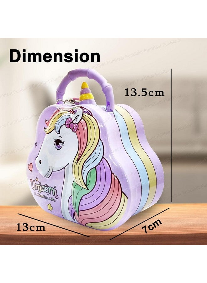 فنبلاست حصالة نقود من فن بلاست - حصالة نقود على شكل وحيد القرن، صندوق نقود للأطفال، حصالة نقود للأطفال، صندوق نقود للأطفال، صندوق نقود معدني مع مفتاح وقفل، هدية إرجاع، عصري، وردي، أبيض - Image 2