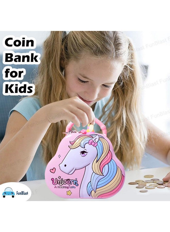 فنبلاست حصالة نقود من فن بلاست - حصالة نقود على شكل وحيد القرن، صندوق نقود للأطفال، حصالة نقود للأطفال، صندوق نقود للأطفال، صندوق نقود معدني مع مفتاح وقفل، هدية إرجاع، عصري، وردي، أبيض - Image 4