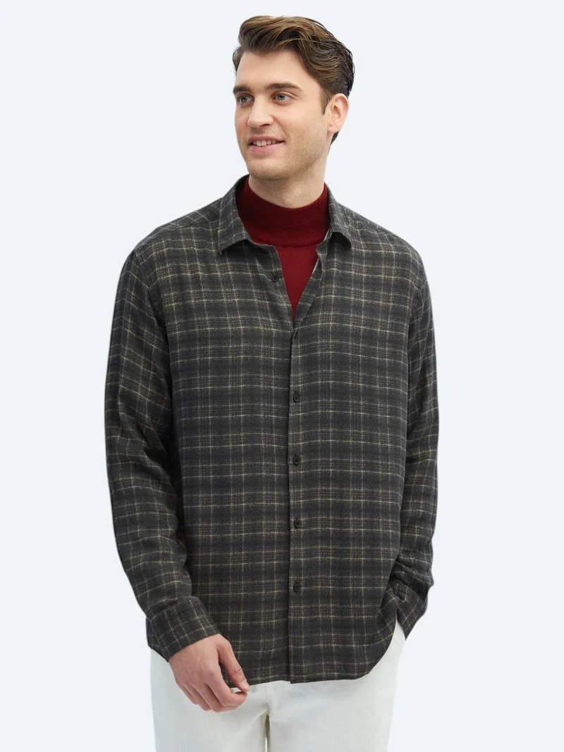 Kip Hard Coal Checkered Regular Fit Long Weaving Casual Shirt