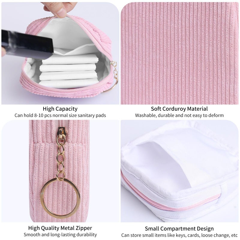 Teircno Sanitary Napkin Storage Bag, Preppy Corduroy Period Bag for Women, Cute Portable Period Pouch with Zipper, Sanitary Pads Bag Tampons Holder for Purse, First Period for Women Ladies - Image 3