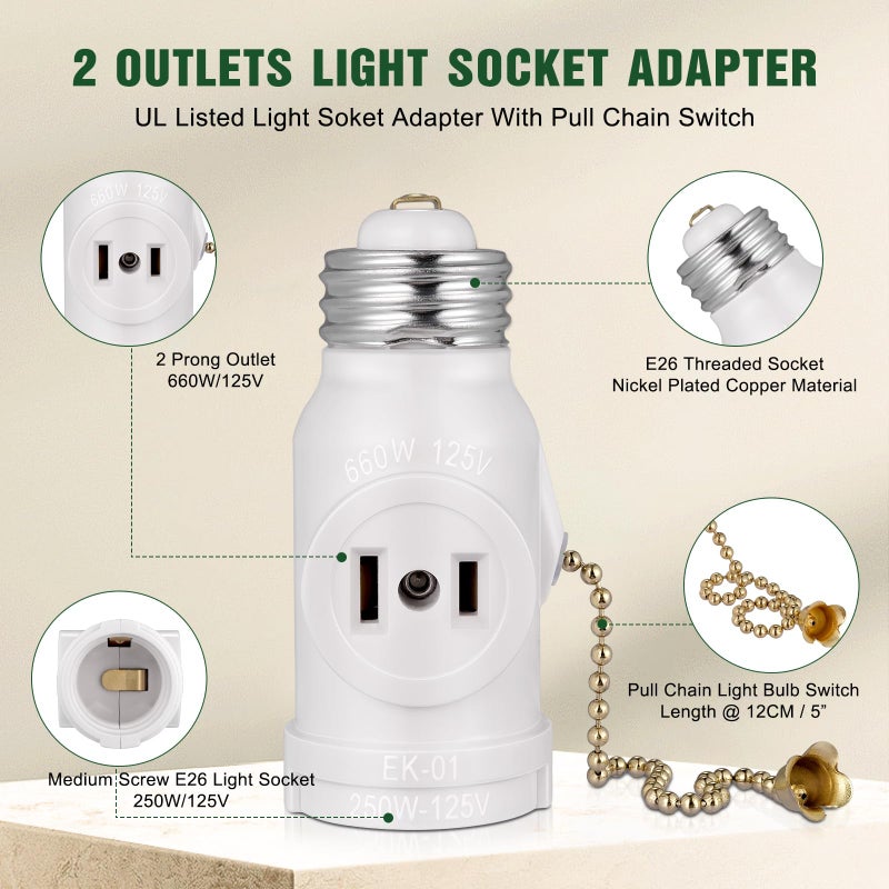 EMNOOTI 2-Pack E26 Light Socket Adapter - Converts Medium Screw Socket to Two Outlets With Pull Chain Switch - UL Listed, White - Image 5