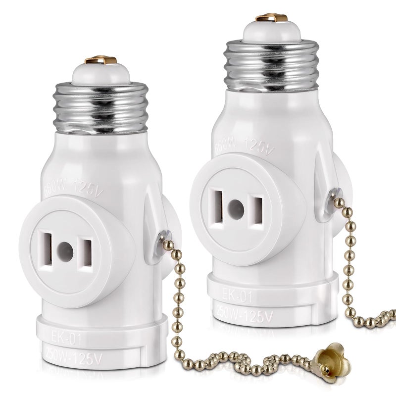 EMNOOTI 2-Pack E26 Light Socket Adapter - Converts Medium Screw Socket to Two Outlets With Pull Chain Switch - UL Listed, White - Image 1