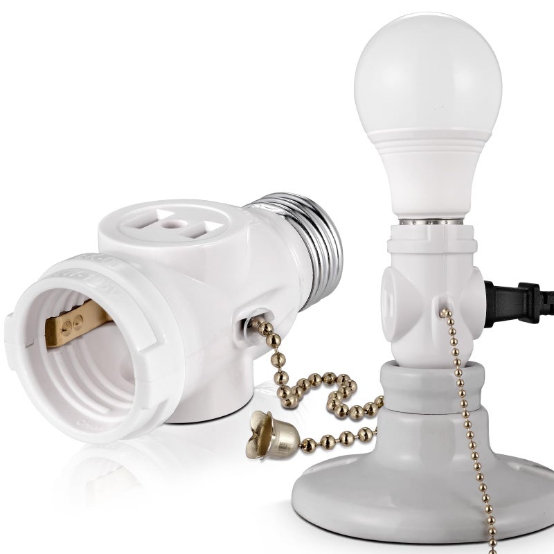 EMNOOTI 2-Pack E26 Light Socket Adapter - Converts Medium Screw Socket to Two Outlets With Pull Chain Switch - UL Listed, White - Image 2